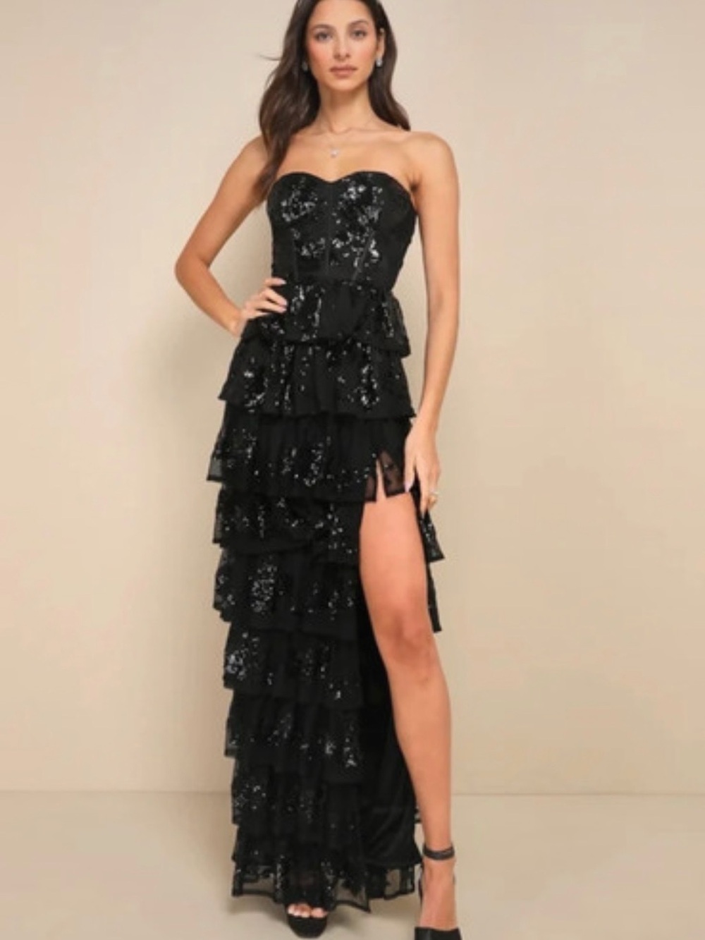 Lulus Strapless Black Sequin Tiered Ruffle Evening Dress